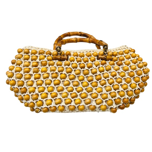 Vintage 50s Beaded Handbag brass Bamboo Handle Wicked Weave Made in Japan - Picture 1 of 12